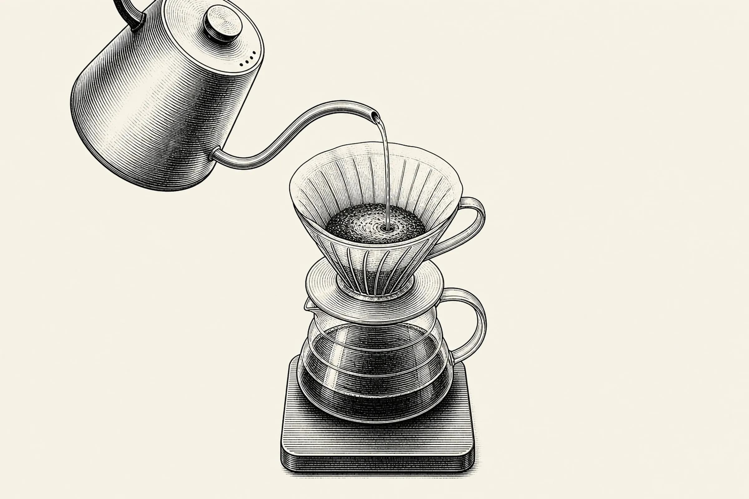 A V60 mid-pour on a kitchen counter, morning light