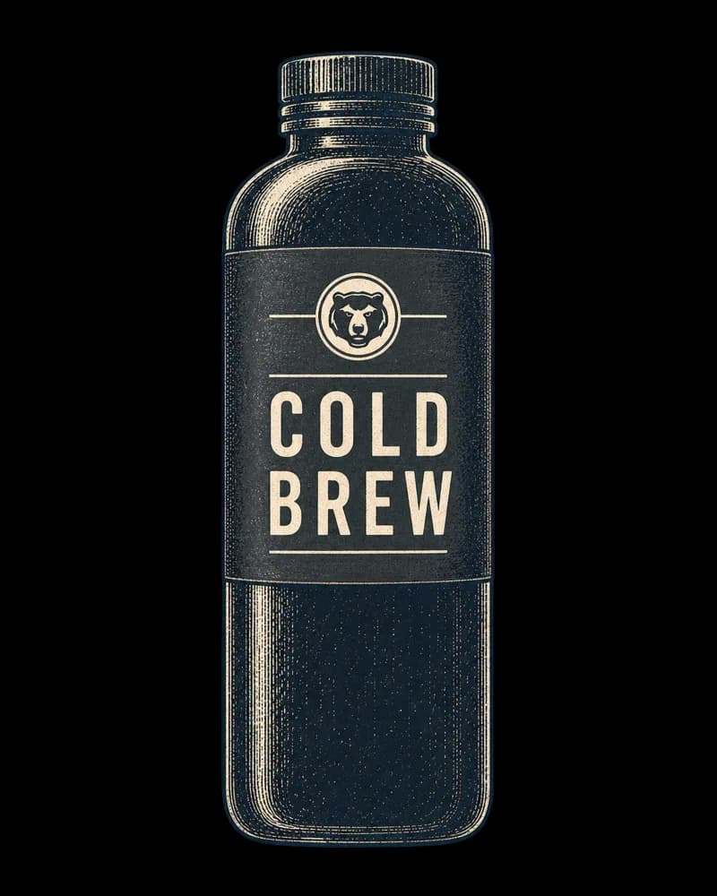 Hand-inked Bear State cold brew bottle with the bear roundel label