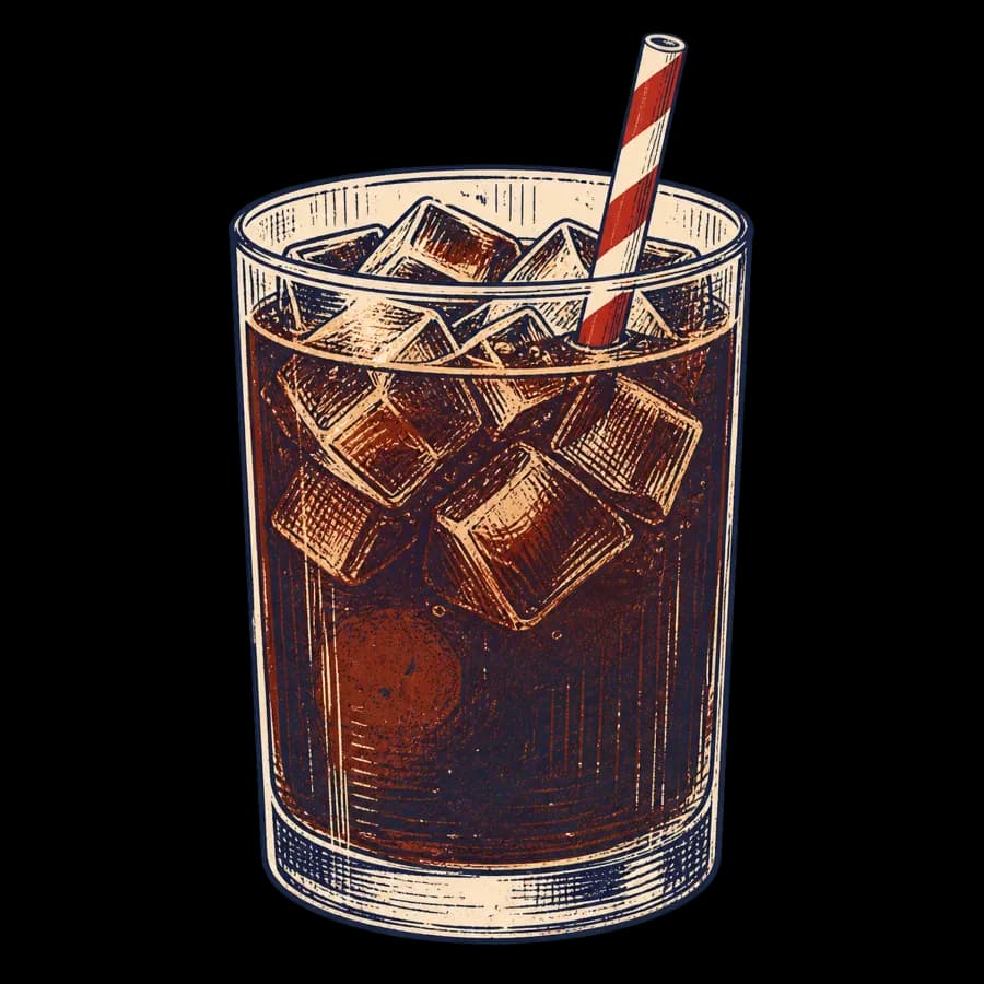 Hand-inked glass of Bear State cold brew over ice with a striped straw