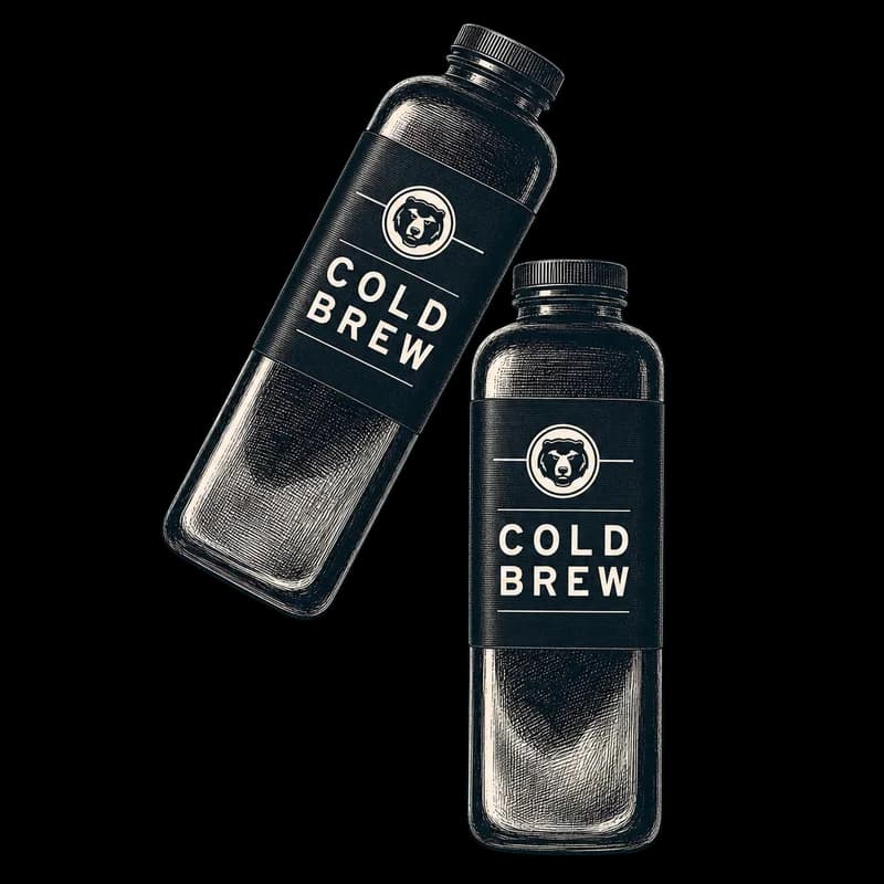 A hand-inked pair of Bear State cold brew bottles, one tilted mid-toast