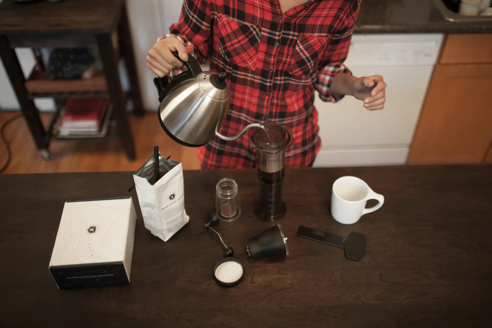 The whole AeroPress setup on a kitchen counter