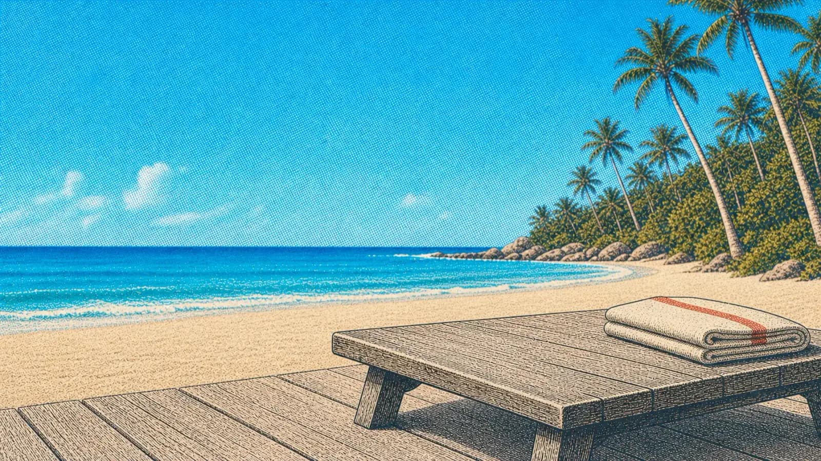 An empty boardwalk bench by the ocean, palms in the distance