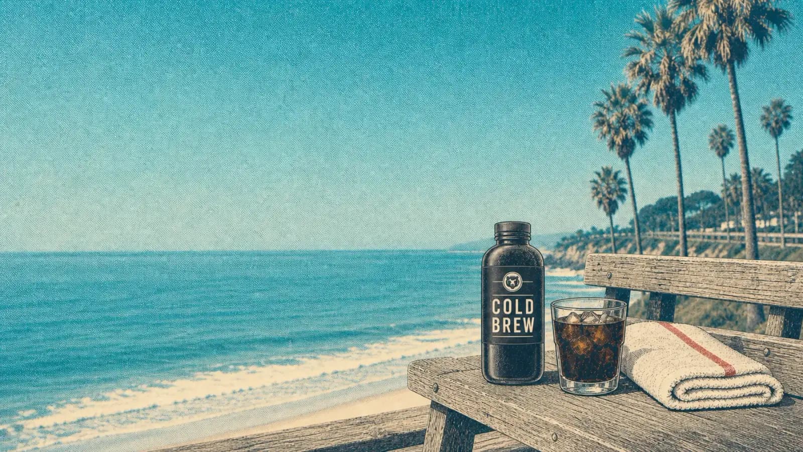 The same boardwalk bench — now with a bottle of Bear State cold brew and a full glass on it