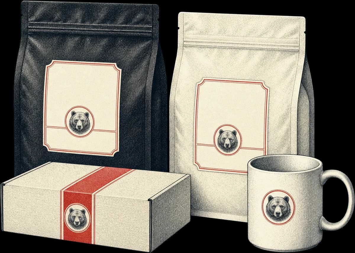 Two engraved coffee bags with blank labels, a shipping box and a mug