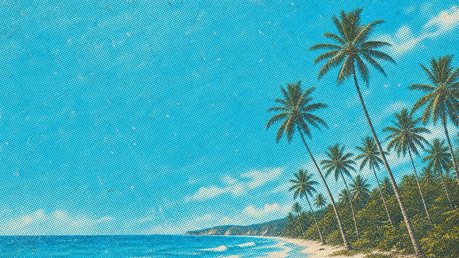 Halftone-printed palm trees against a turquoise California sky