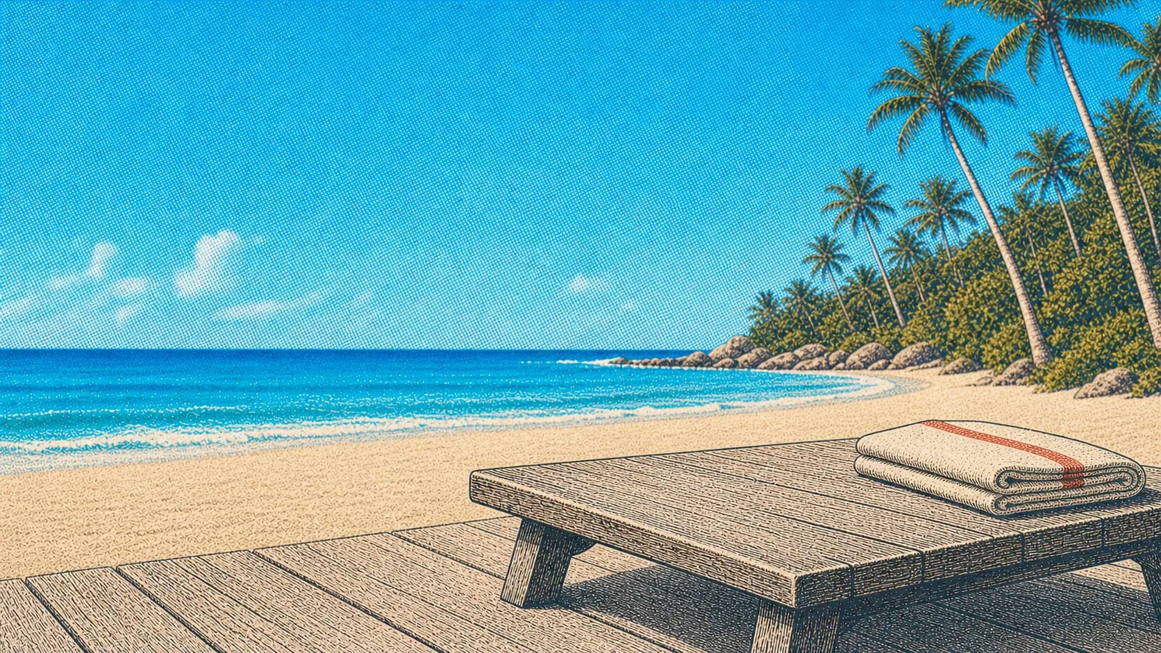 An empty bench above the sand, a folded towel with one red stripe
