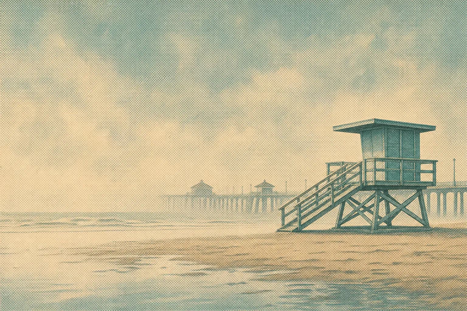 A lithograph of the pier at Huntington Beach before sunrise